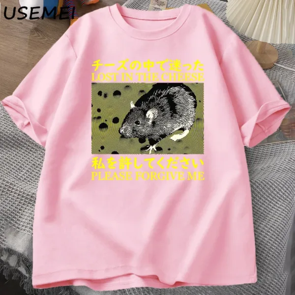 Japanese Style Lost in The Cheese Rat T-shirts Men Cotton Short Sleeve T Shirt Man Clothes T-shirts Oversized Streetwear - Image 4