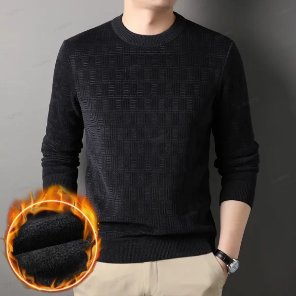 OUSSYU Winter Men's Warm Fleece Sweater O-Neck Embroidered Casual Knitted Inner Lap Pullovers Thick Thermal Underwear Sweater - Image 2