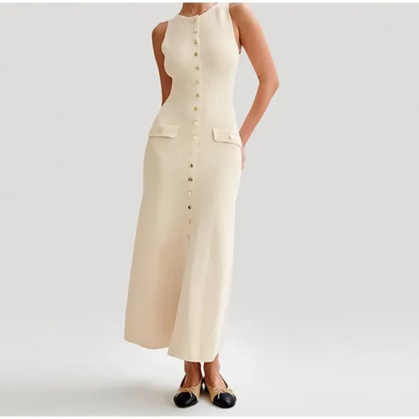 2024 Summer Elegant Lady Knitted Single Breasted Long Dresses Women Solid Sleeveless O Neck Button Bodycon Party Female Vestidos - Image 6