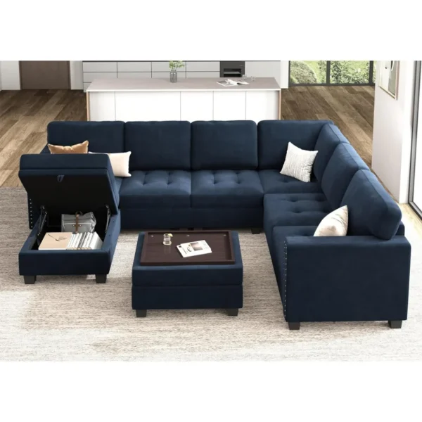 Velvet Modular Sectional sofa, Convertible L Shaped couch with Storage Top Tray Ottoman Corner,Dark Blue - Image 4
