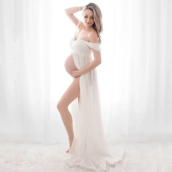Maternity Dresses for Photo Shoot Off Shoulder Short Sleeve Mesh Sheer Split Long Pregnancy Dress Women Maternity Clothes - Image 4