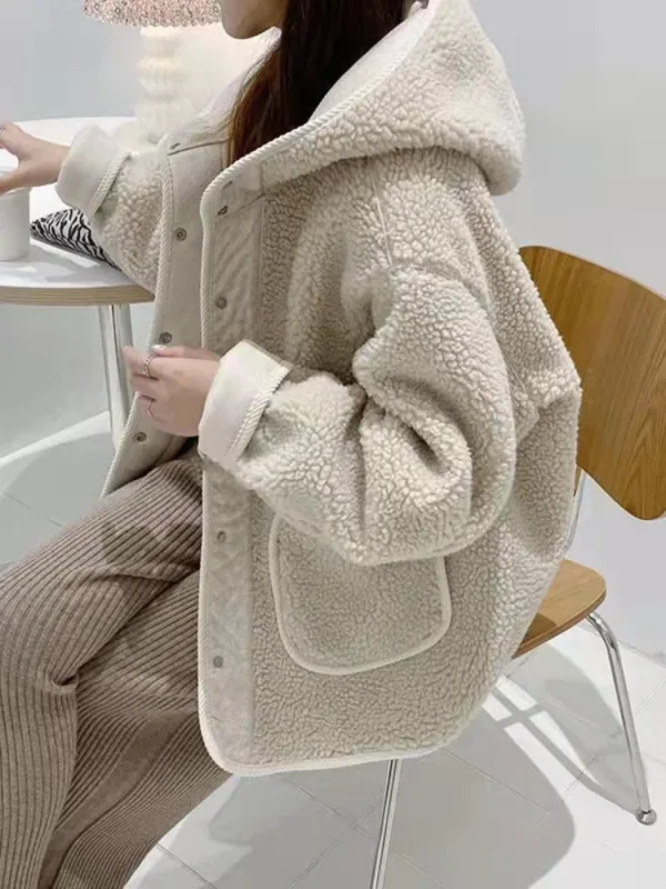 Lamb Wool Coats Women Hooded Full Sleeve Jackets Single Breasted Mid Length Coat Autumn Winter Solid Open Stitch Outerwear - Image 2