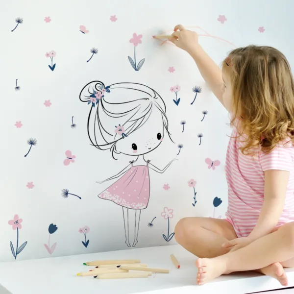 Pink Dress Little Girl Flower Butterfly Dandelion Wall Sticker Self-adhesive Removable Vinyl PVC Home Decor Living Room Bedroom - Image 5