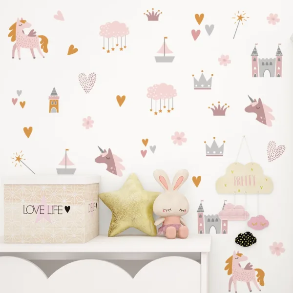 Boho Pink Cartoon Unicorns Castle Clouds Love Watercolor Wall Stickers for Kids Room Baby Nursery Room Wall Decals Home Decor - Image 2