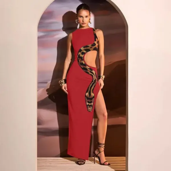 European and American Style Women's 2024 Summer New Sleeveless Sexy Slim Split Long Skirt Hollow Out Dress Gown - Image 2