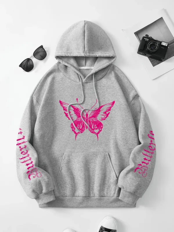 Butterfly & Letter Print Drawstring Hoodie, Casual Long Sleeve Kangaroo Pocket Hoodie Sweatshirt, Women's Clothing - Image 3