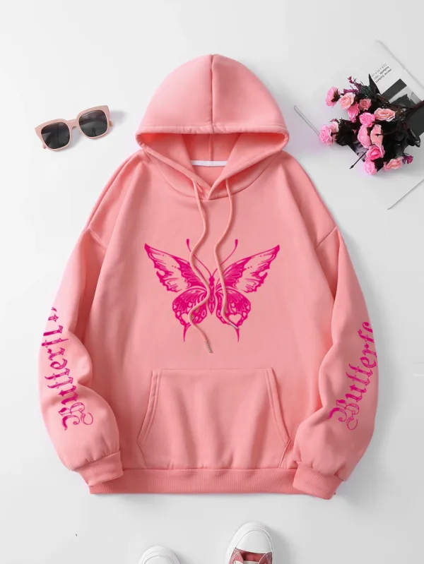 Butterfly & Letter Print Drawstring Hoodie, Casual Long Sleeve Kangaroo Pocket Hoodie Sweatshirt, Women's Clothing - Image 4