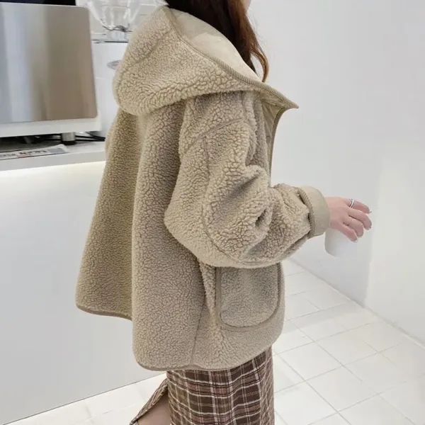 Lamb Wool Coats Women Hooded Full Sleeve Jackets Single Breasted Mid Length Coat Autumn Winter Solid Open Stitch Outerwear - Image 5