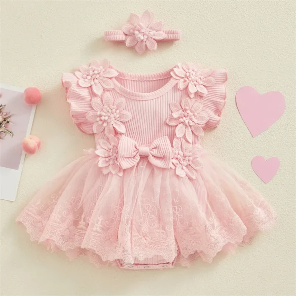 3D Flower Summer Baby Girls Romper Princess Mesh Newborn Clothes Lace Patchwork Ruffle Bodysuit Dress Headband Kids Clothing - Image 8