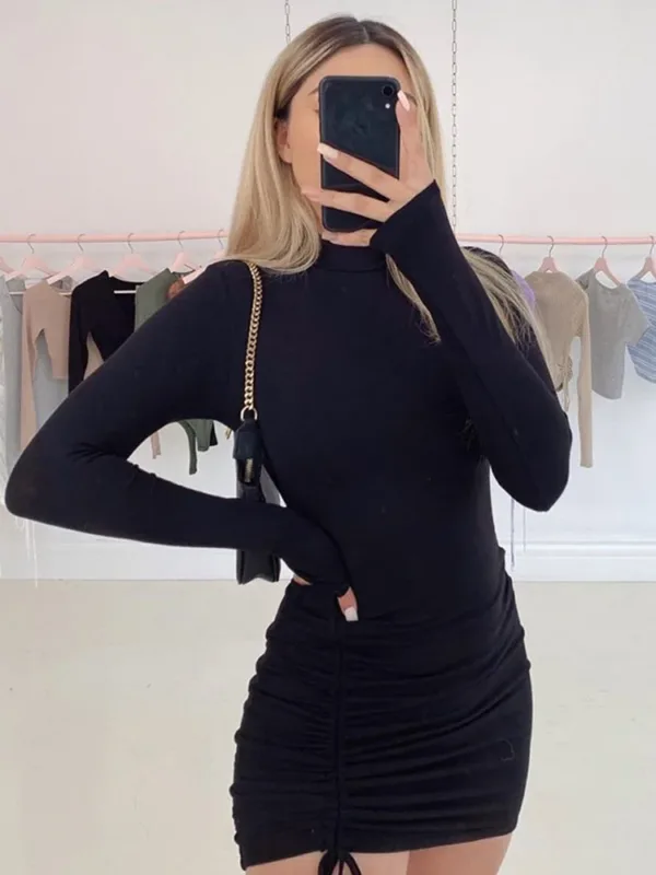 Long Sleeve Ruched Bodycon Dress Women Turtleneck Bandage Mini Dresses Autumn Black Skinny Stretchy Party Vestidos - Image 3