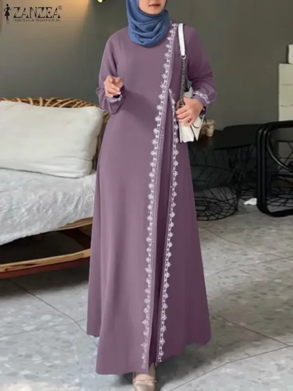 ZANZEA Spring Lace Crochet Maxi Dress Muslim Turkey Abaya Elegant Loose Vestidos Women Long Sleeve O Neck IsIamic Robe Kaftan - Image 7