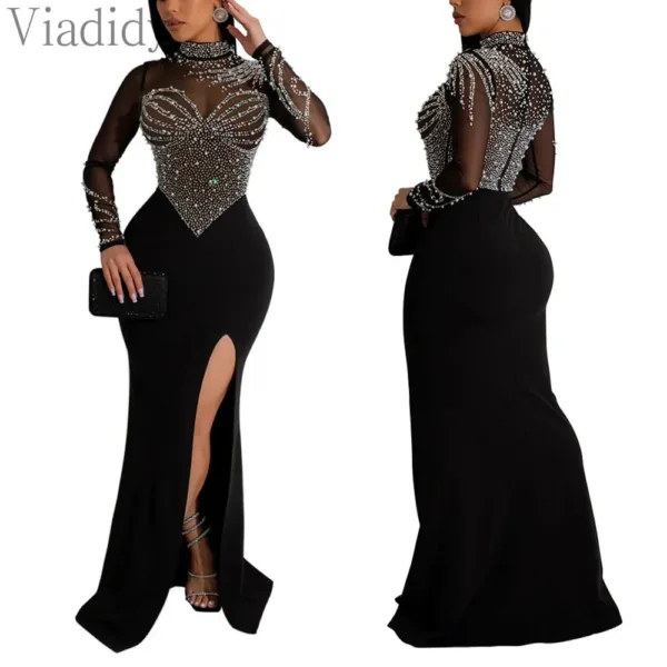 Women's Sexy See Through Rhinestone Beads Decor Floor Length Mermaid Party Dress - Image 2