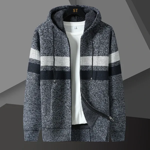 Winter Fleece Striped Cardigan Men Thick Warm Knitted Hooded Sweatercoat Mens Long Sleeve Casual Knitting Sweater Jacket Coats - Image 2