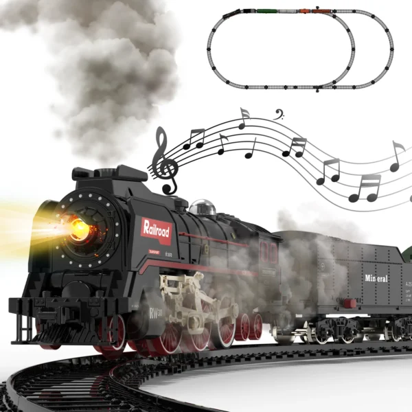 Retro Steam Train Track Toy Set with Smokes,Lights, Sound,Tracks,Electric Toy Train with Locomotive Engine,Cargo Cars and Tracks - Image 5