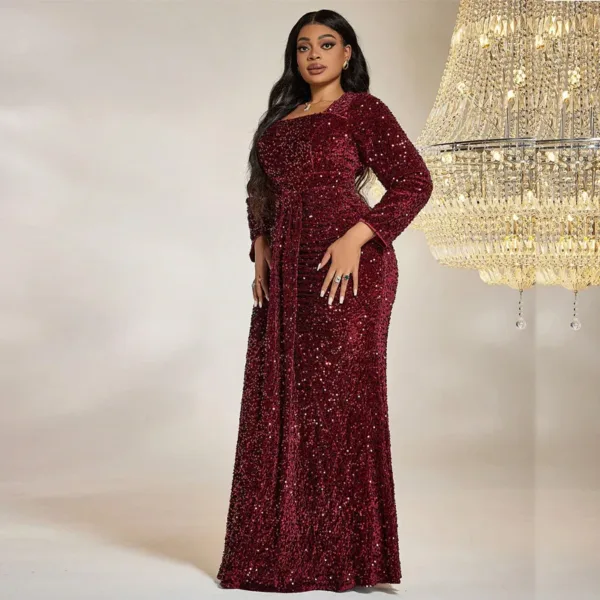 Women Luxury Party Dresses Plus Size Long Sleeve Square Neck Sequins Red Elegant Dress Temperament Fashion Lady Evening Dresses - Image 2