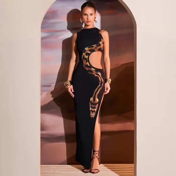 European and American Style Women's 2024 Summer New Sleeveless Sexy Slim Split Long Skirt Hollow Out Dress Gown - Image 4