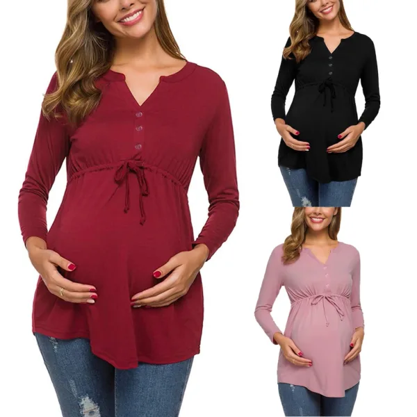 Women Maternity Long Sleeve Solid Color Nursing Tops T-shirt For Breastfeeding - Image 9
