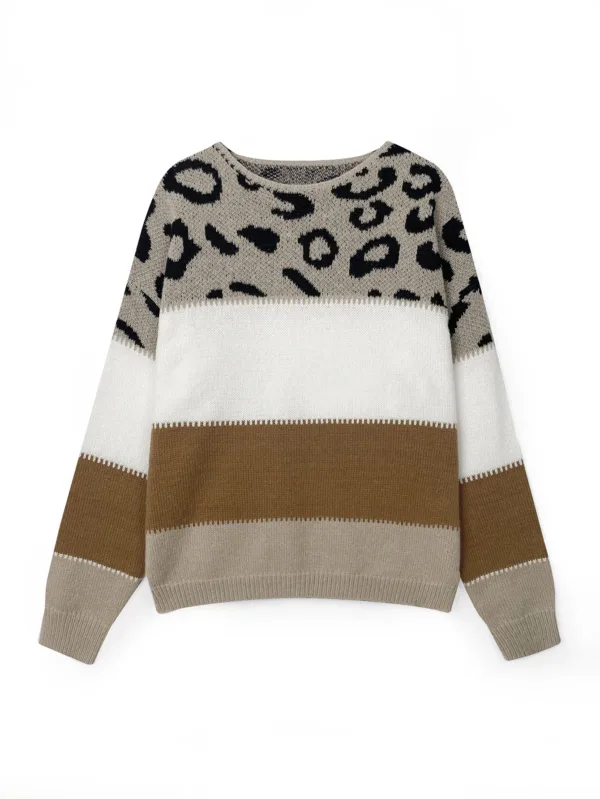 Leopard Print Color Blocked Round Neck Sweater Autumn And Winter Women's Knitted Sweater Pullover Long Sleeved Base Shirt - Image 2