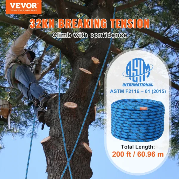 VEVOR 12.7mm Static Climbing Rope 125/150/200ft Outdoor Rock Climbing Rope 30KN Breaking Tension Fiber Rope w/ Steel Snap Hooks - Image 5