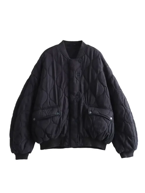 Quilted Single Breasted Grey Women's Cotton Jacket Casual Pocket Stand Collar Long Sleeved Coats Fall Winter Commuting Outerwear - Image 6