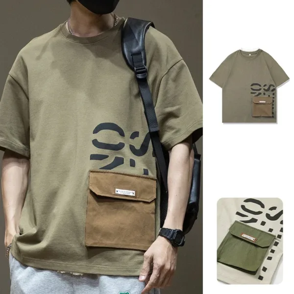 Summer Men's Short Sleeve Letter Printed T-shirt With Cargo Pocket Casual Cotton O-Neck Tops Y2K Streetwear Oversized Tee Shirts - Image 7