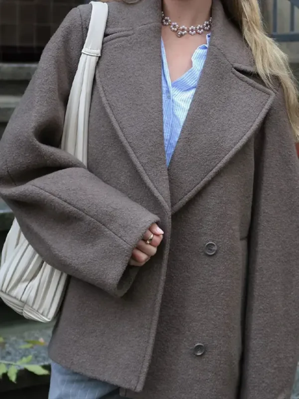 Women Autumn Winter Solid Double Breasted Wool Coat Lapel Long Sleeves Short Blazer Jacket Fashion Lady Warm Chic Outerwear - Image 5