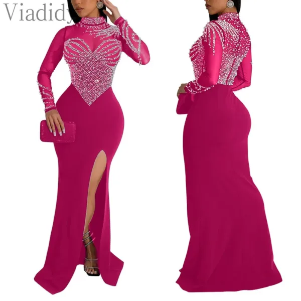 Women's Sexy See Through Rhinestone Beads Decor Floor Length Mermaid Party Dress