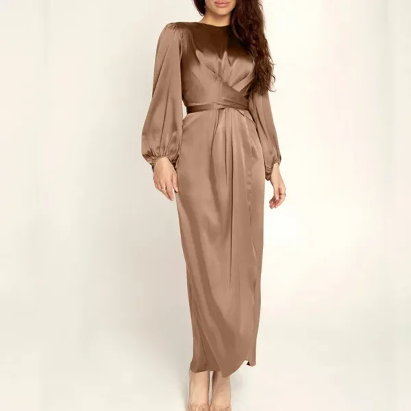 Women Arab Muslim Dresses Satin Long Sleeve Maxi Dress Solid Color Wrap Front Self-Tie Party Dress Prom Evening Robe De Soiree - Image 6