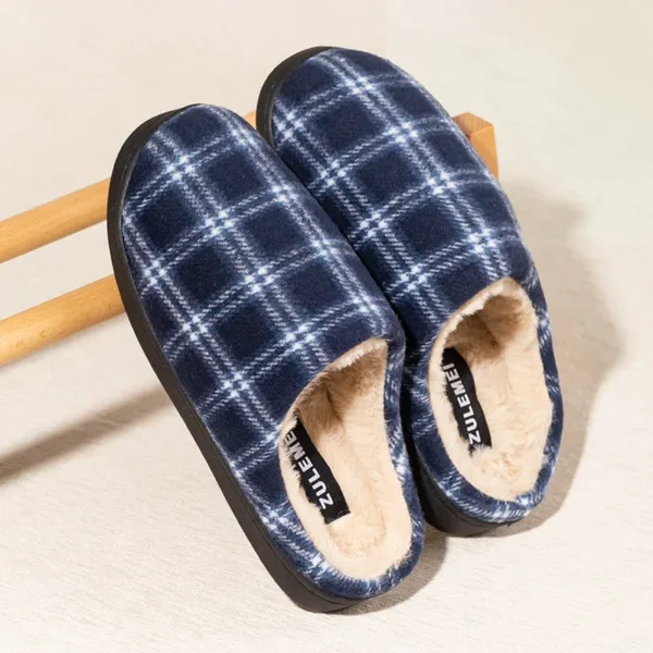 New Men's Striped Warm House Fleece Cozy Non-slip Plaid Cotton Mops Couples Slippers Winter Soft Indoor Bedroom Couples Shoes - Image 4