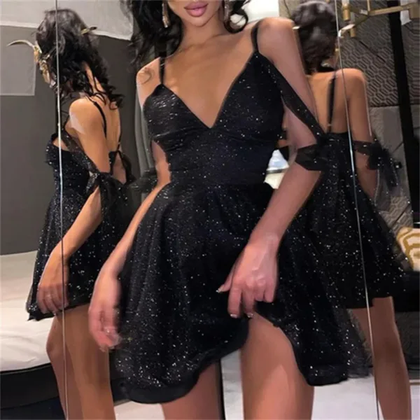 Women Fashion Shiny Off Shoulder Dress Solid Color Sexy Spaghetti Strap V-Neck Backless Elegant Cocktail Party Dress for Ladies - Image 5