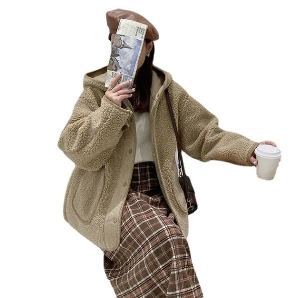 Lamb Wool Coats Women Hooded Full Sleeve Jackets Single Breasted Mid Length Coat Autumn Winter Solid Open Stitch Outerwear