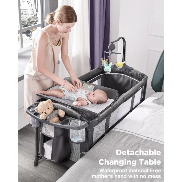 Baby Bassinet Bedside Crib, Pack and Play with Mattress, Diaper Changer and Playards from Newborn to Toddles, Grey - Image 5