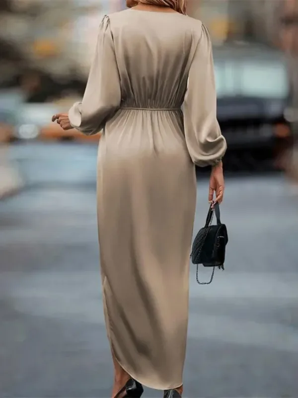 Beautyblue Womens Dresses V-neck Long Sleeve Party Dress 2025 Elegant Pleated Cross Collar Irregular Puff Sleeves Satin Robes - Image 3