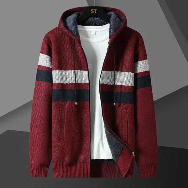 Winter Fleece Striped Cardigan Men Thick Warm Knitted Hooded Sweatercoat Mens Long Sleeve Casual Knitting Sweater Jacket Coats - Image 4