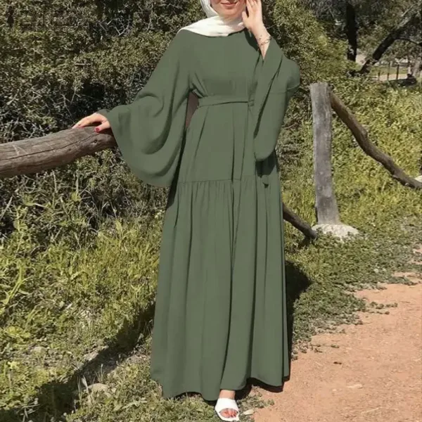 Long-sleeved Muslims Dubai Abayas Fashion O-neck Dress for Women Spring Solid Color Casual Robe Female Islam Clothes with Belt - Image 6