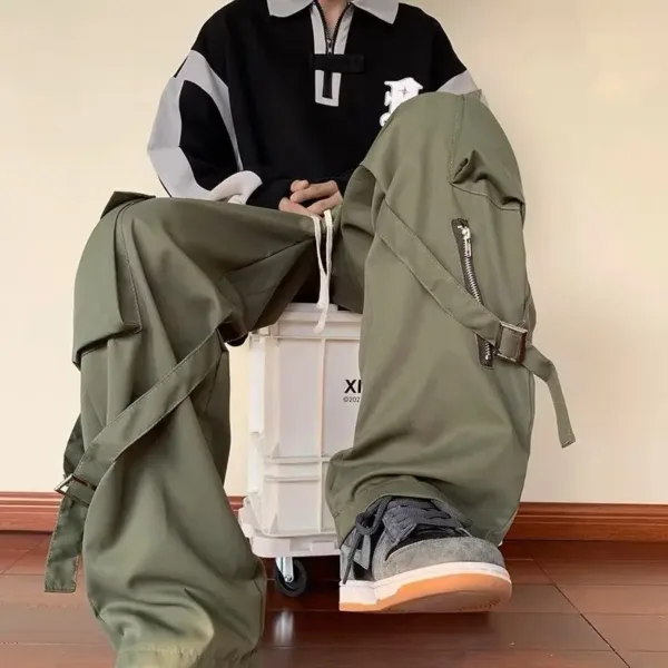 Green Cargo Pants Men Oversize Zipper Black Cargo Trousers Male Streetwear Hip Hop Pocket Spring Loose Casual Workwear - Image 5