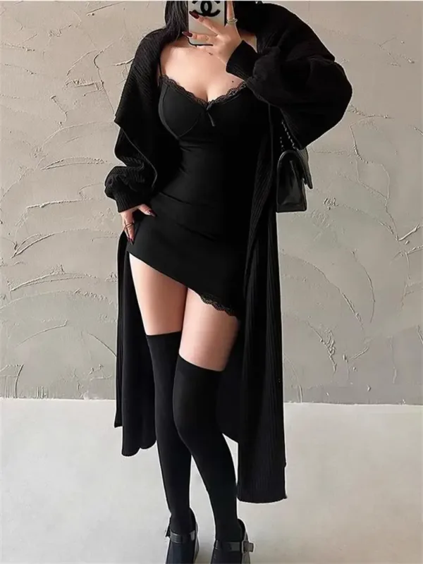 Y2K Retro Lace Patchwork Spaghetti Strap Black Bodycon Dress Mini Fashion Aesthetic Bow Club Party Sexy Dresses for Women - Image 5