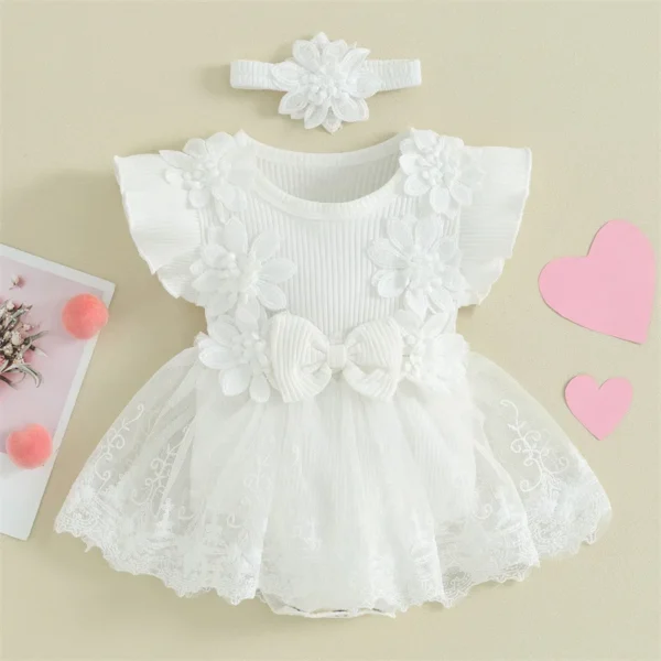 3D Flower Summer Baby Girls Romper Princess Mesh Newborn Clothes Lace Patchwork Ruffle Bodysuit Dress Headband Kids Clothing - Image 9