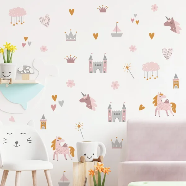 Boho Pink Cartoon Unicorns Castle Clouds Love Watercolor Wall Stickers for Kids Room Baby Nursery Room Wall Decals Home Decor - Image 6