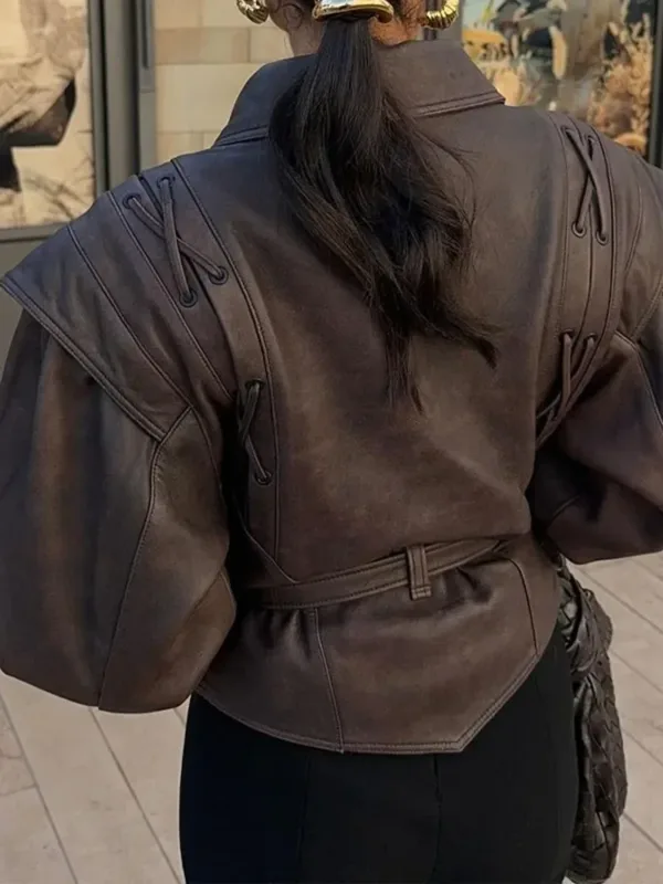 Fashion Leather Short Jacket With Belt Woman Lace Up Lapel Long Sleeve Motorcycle Coat Lady Winter Warm Street Outerwear - Image 5