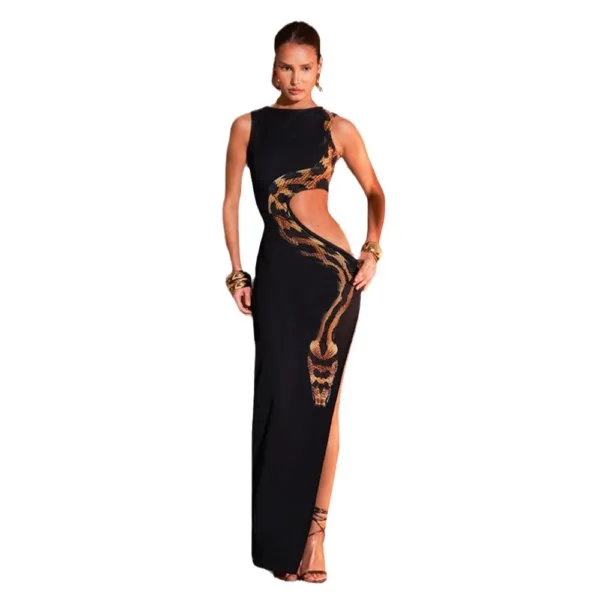 European and American Style Women's 2024 Summer New Sleeveless Sexy Slim Split Long Skirt Hollow Out Dress Gown - Image 8
