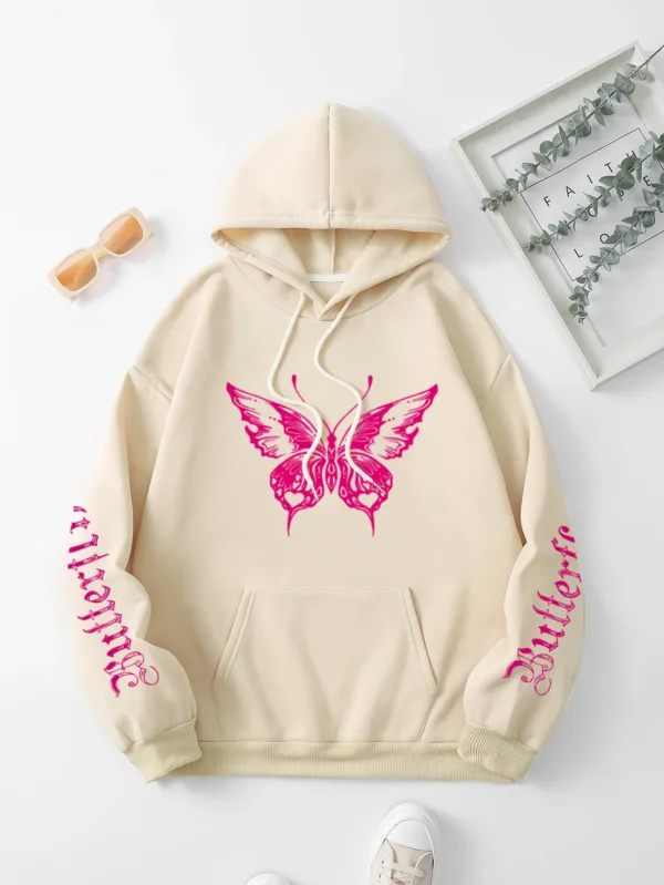 Butterfly & Letter Print Drawstring Hoodie, Casual Long Sleeve Kangaroo Pocket Hoodie Sweatshirt, Women's Clothing