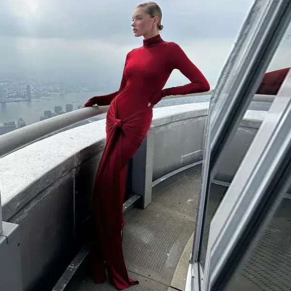 Hawthaw Women 2024 Spring Autumn Elegant Long Sleeve Party Club Streetwear Bodycon Red Long Dress Wholesale Items For Business - Image 2