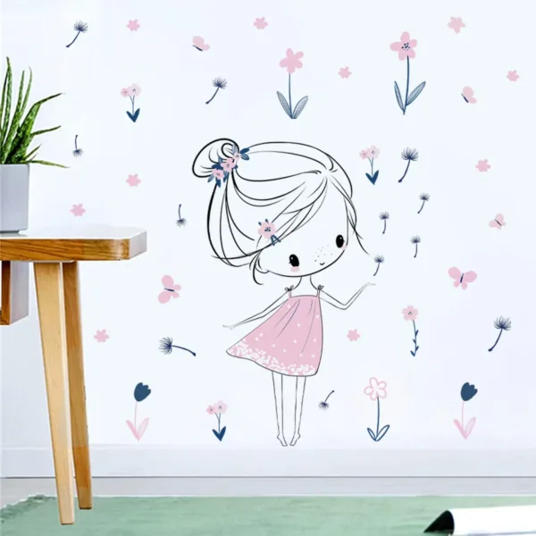 Pink Dress Little Girl Flower Butterfly Dandelion Wall Sticker Self-adhesive Removable Vinyl PVC Home Decor Living Room Bedroom - Image 3
