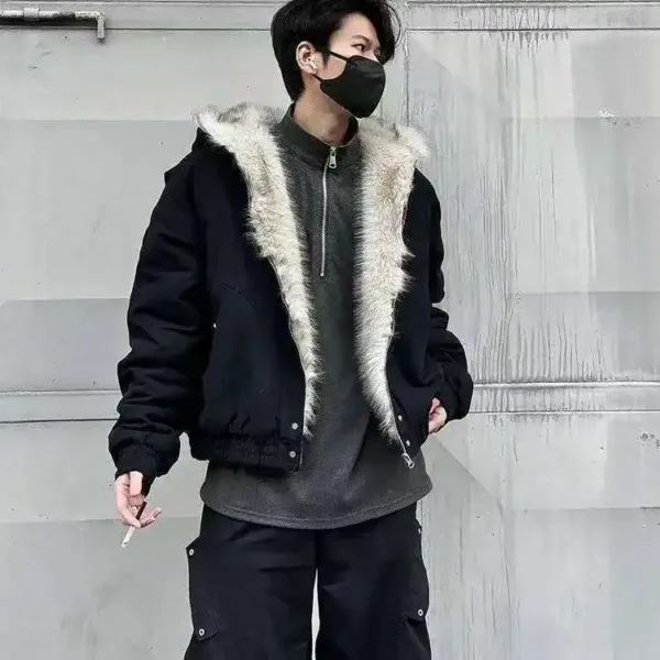 Winter Retro American Woolen Collar Hooded Cotton Jacket Thick Plush Top Men Street Hip Hop Gothic Harajuku Oversize Jacket Coat - Image 6
