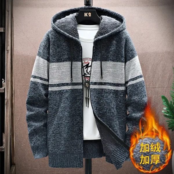 2023 Autumn Korean Hooded Men's Sweater with Thick and Velvet Men Cardigan Knitted Sweater Coat Stripe Jacket Male M-4XL MY03 - Image 4