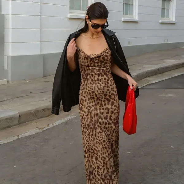 Ladies Vintage Leopard Print Women Sexy Spaghetti Strap Summer Dress Chic Swing Collar Backless Party Club Long Dresses Female - Image 4