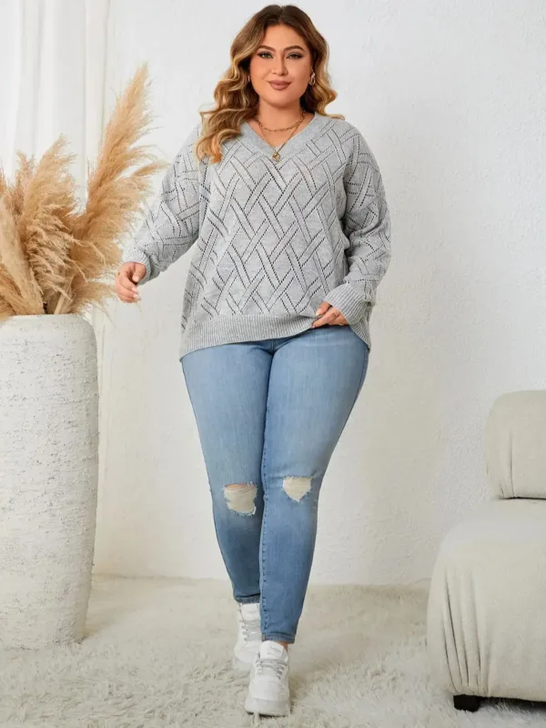 Spring Autumn Fashion Korean Style Casual Knitting Top Gray Long Sleeve V Neck Elegant Women's Plus Size Clothing Party Sweater - Image 5