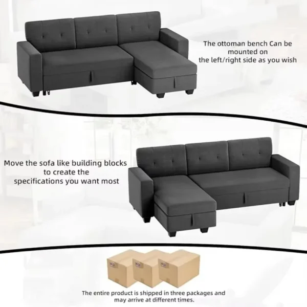 Sofa Bed Reversible Convertible Sleeper Pull Out Couches with Storage Chaise, Linen Fabric Furniture for Living Room, Bedroom - Image 10