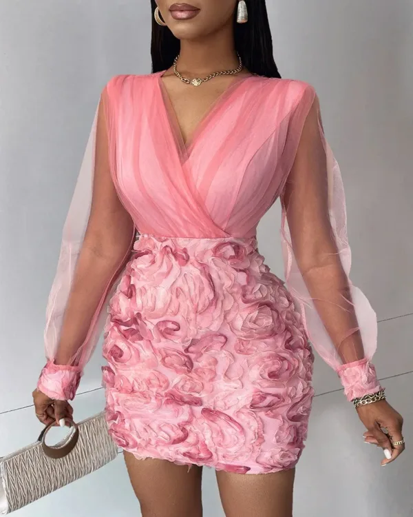 Women Fashion Dress Fashion Floral Pattern Sheer Mesh Patch Long Sleeve V-Neck Elegant Party Dress - Image 6